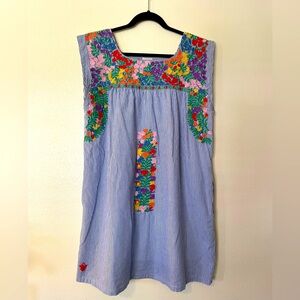 J. MARIE fiesta embroidered colorful flowers blue striped dress